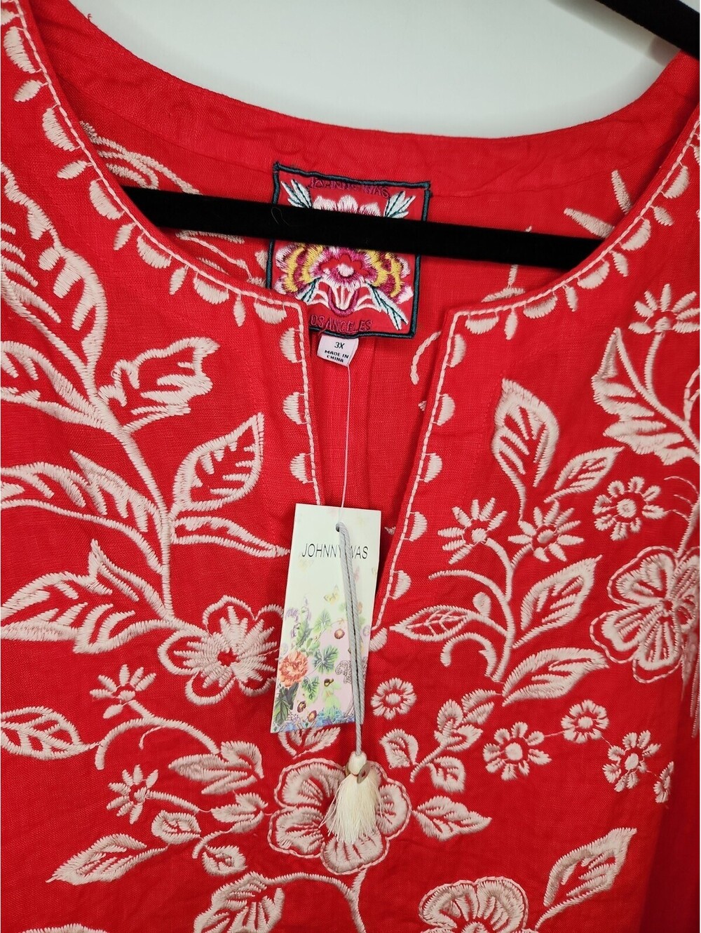 Johnny Was Shift Dress Women's Sz 3X Linen Red Wht Embroidered Tunic Floral - Picture 4 of 9
